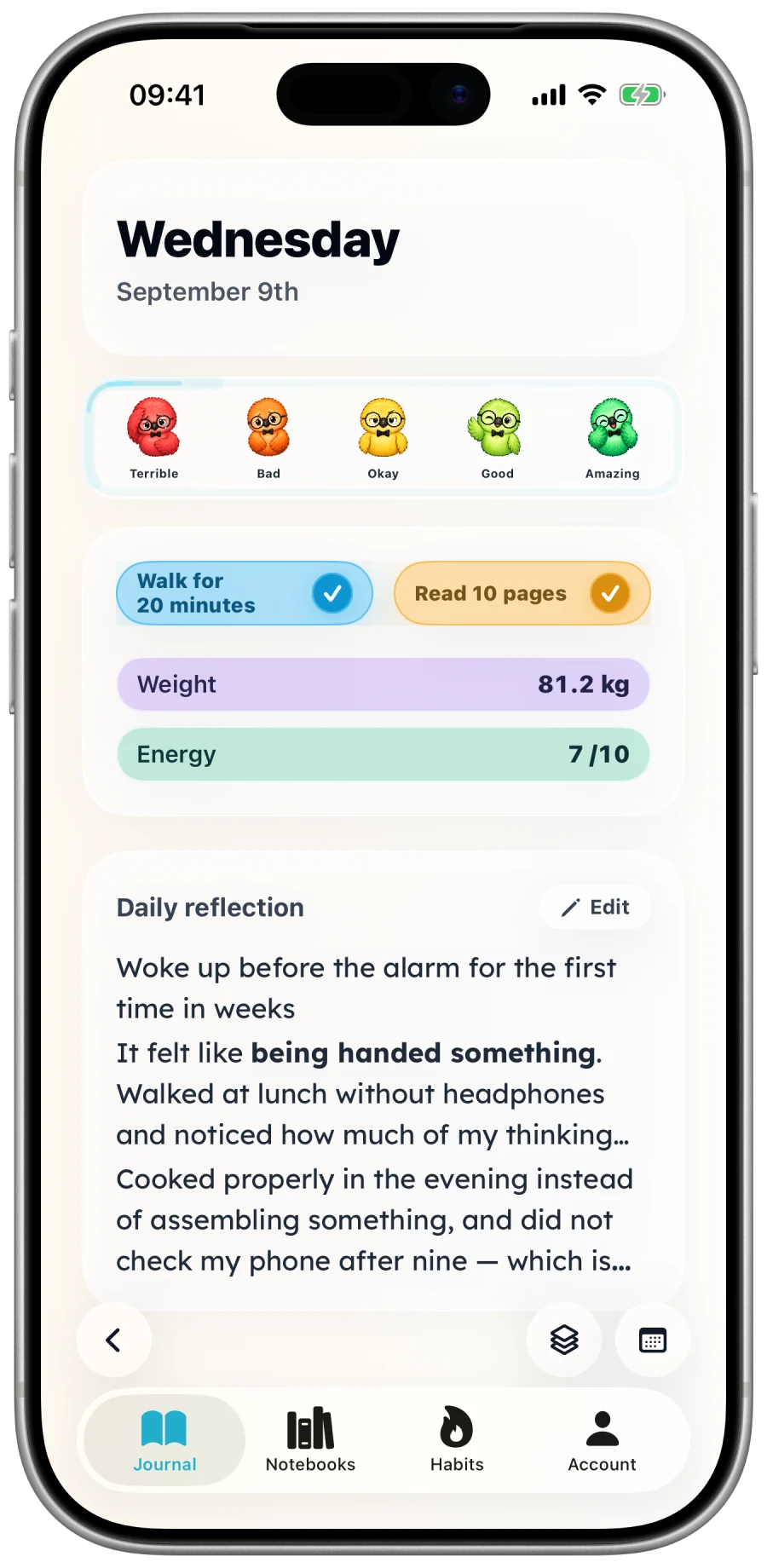 Three Cells daily view for journaling, habits, and day rating