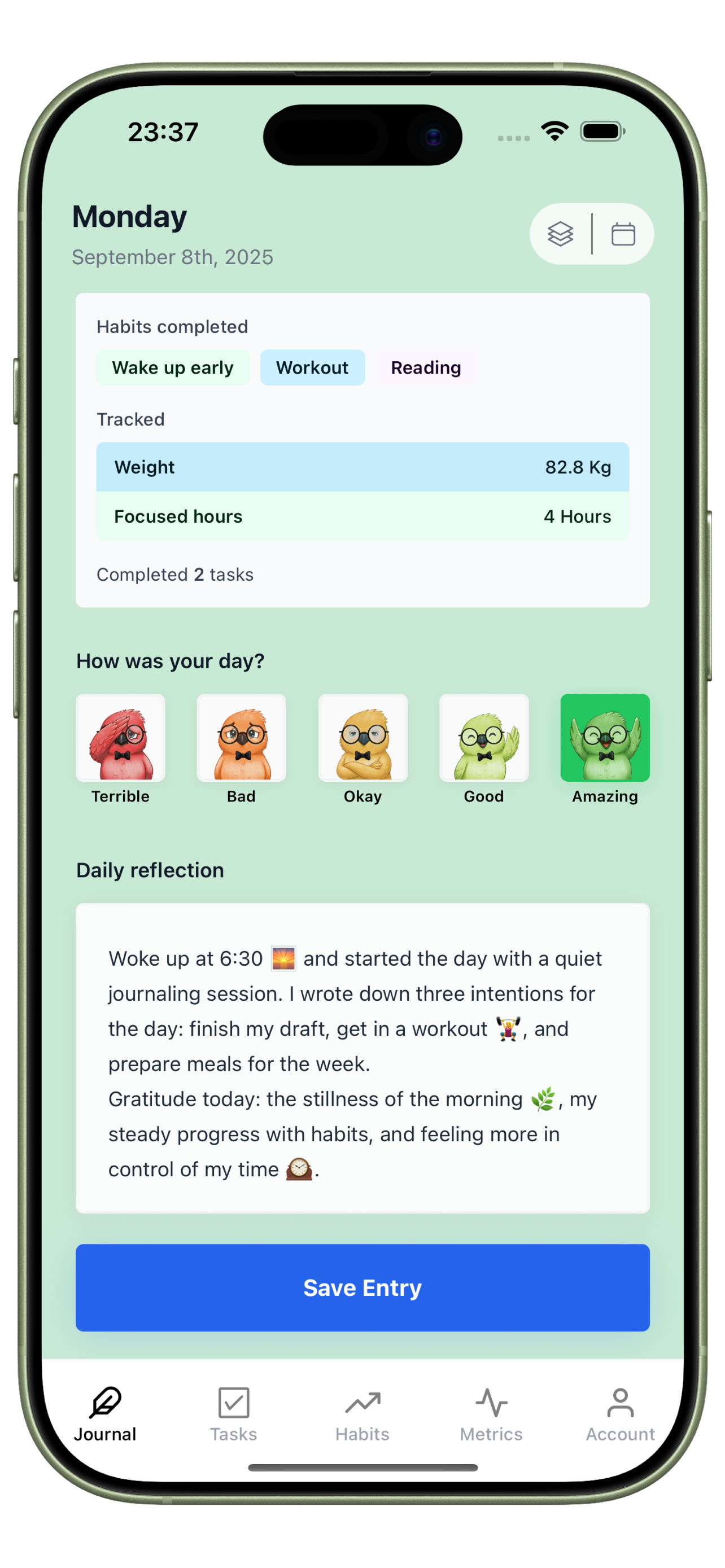 Three Cells daily productivity app interface showing journal, habits, and tasks