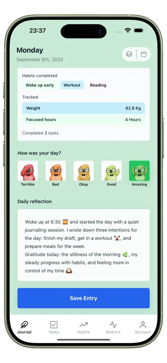 Daily journaling feature with three simple reflection questions